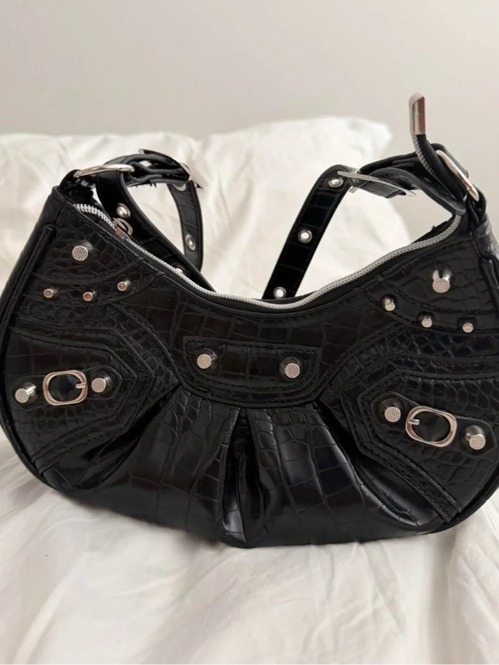 Black Croc-Embossed Crescent Shoulder Bag with Silver Hardware